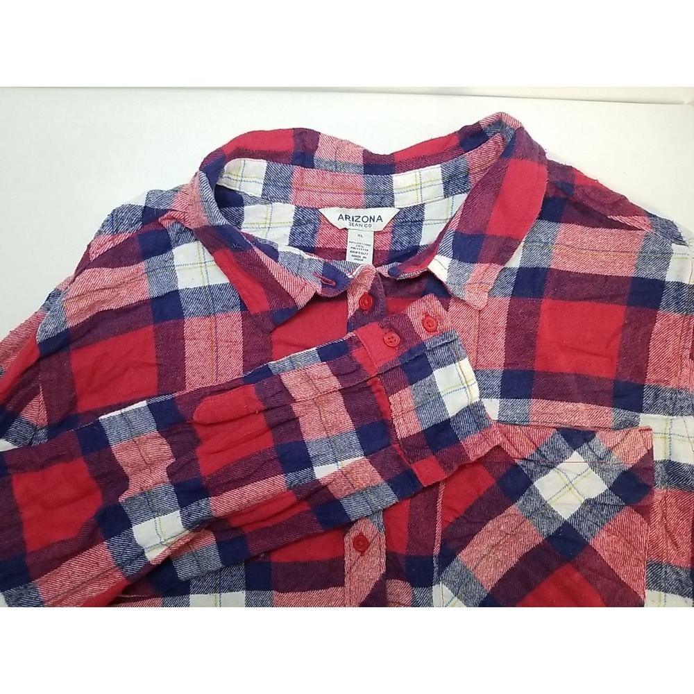 Arizona Jean Co Womens Plaid Flannel Shirt Long‎ Sleeve Button Up Red Blue XL